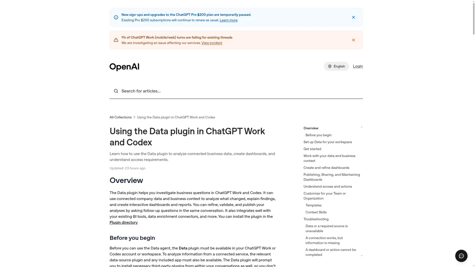 Dataプラグインが業務データソースへ接続し、ダッシュボードを作成する流れを示したOpenAIのガイド