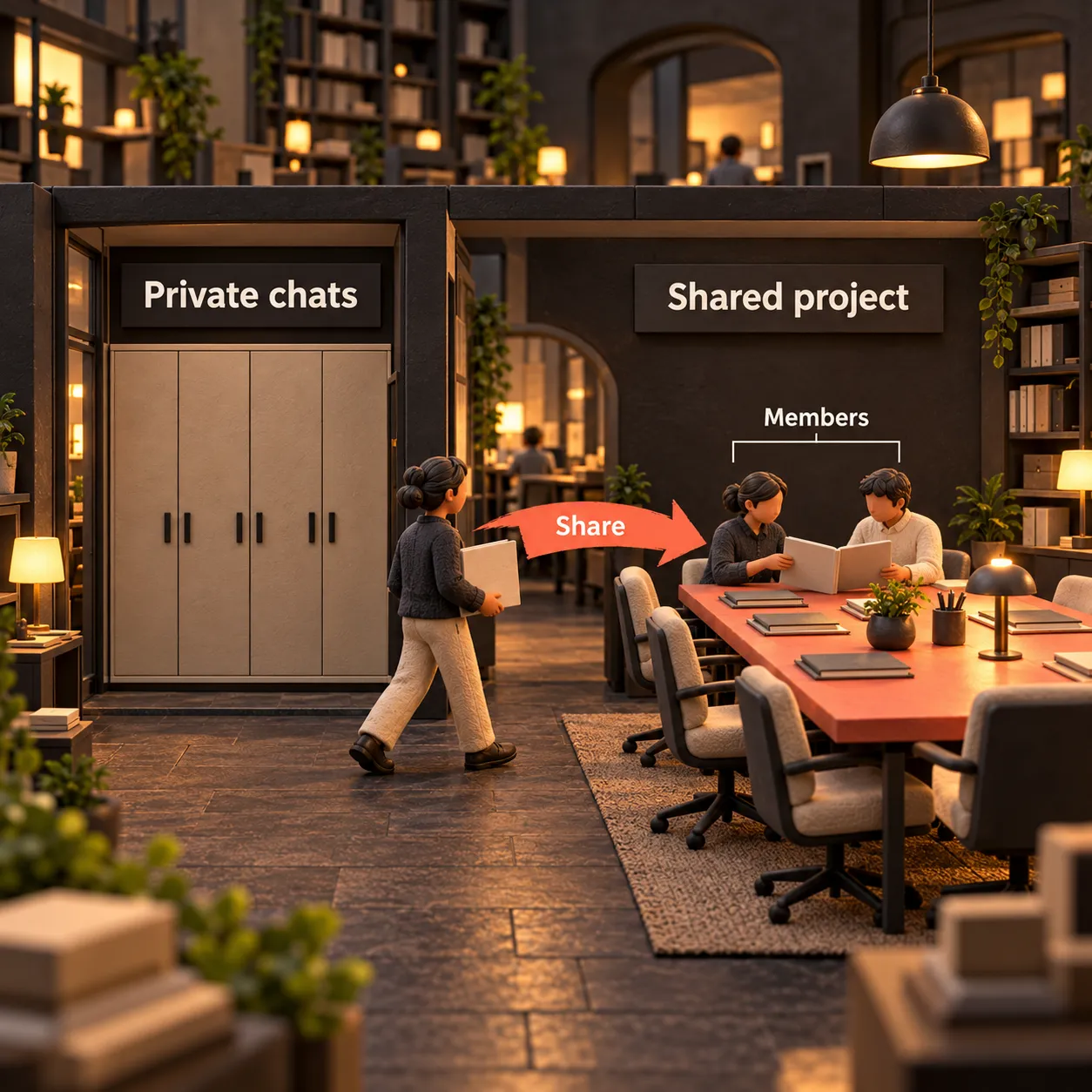 A clay newsroom cutaway shows private chats behind closed cabinets and a folder deliberately shared with project members