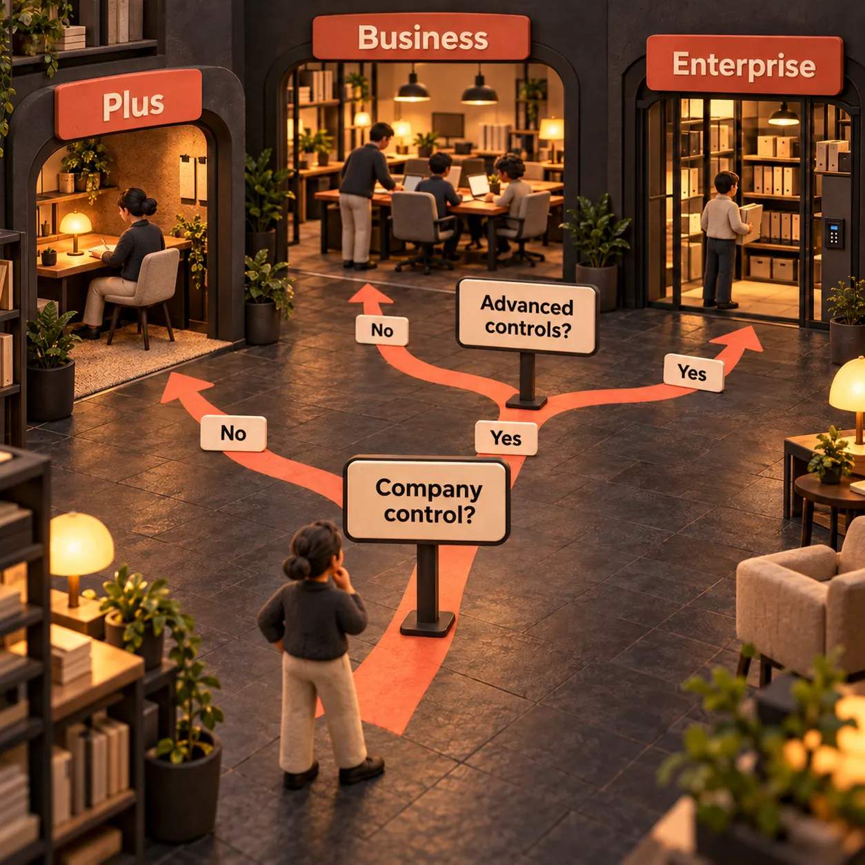 A branching clay newsroom path chooses Plus for individual use, Business for company control, and Enterprise for advanced controls