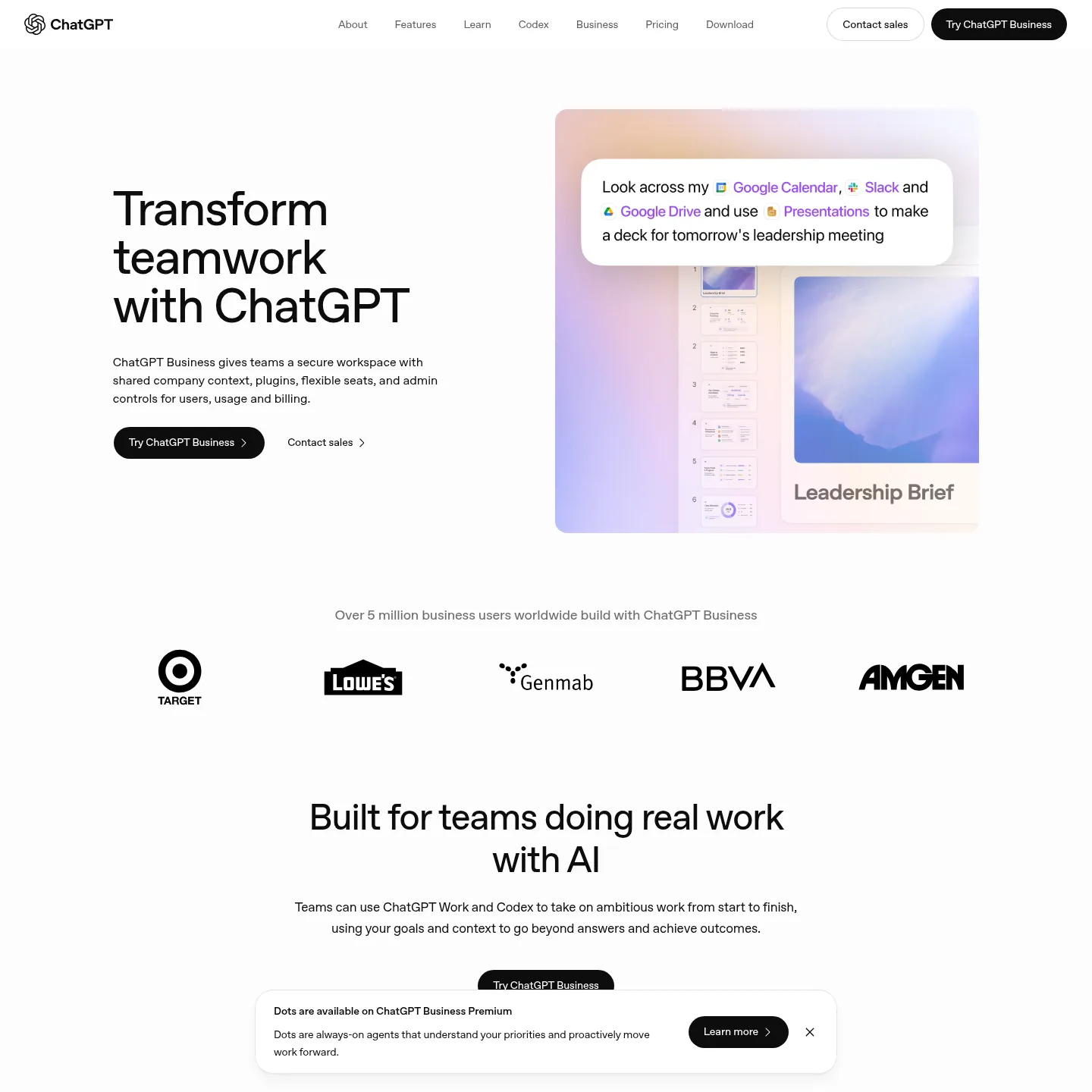 OpenAI's ChatGPT Business page showing the shared workspace and work tools