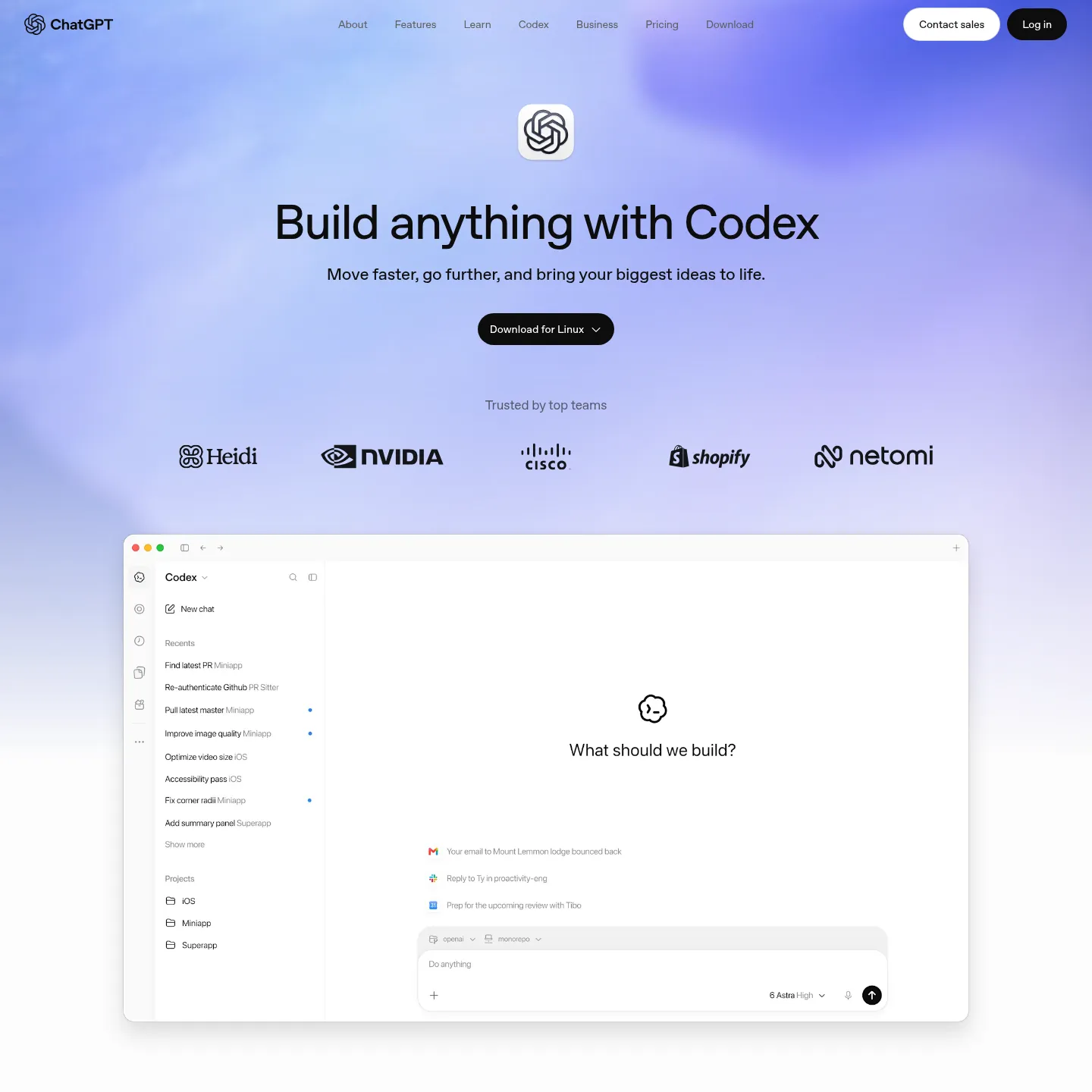 OpenAI's Codex product page illustrating software development work