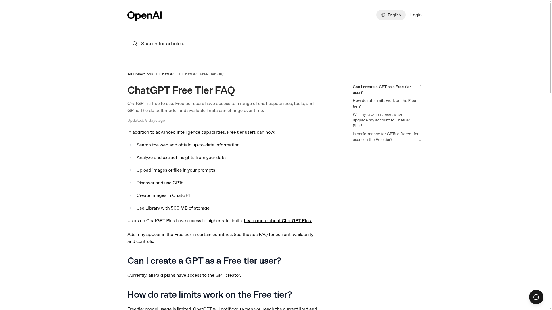 OpenAI ChatGPT Free Tier FAQ showing current Free capabilities and separate tool limits