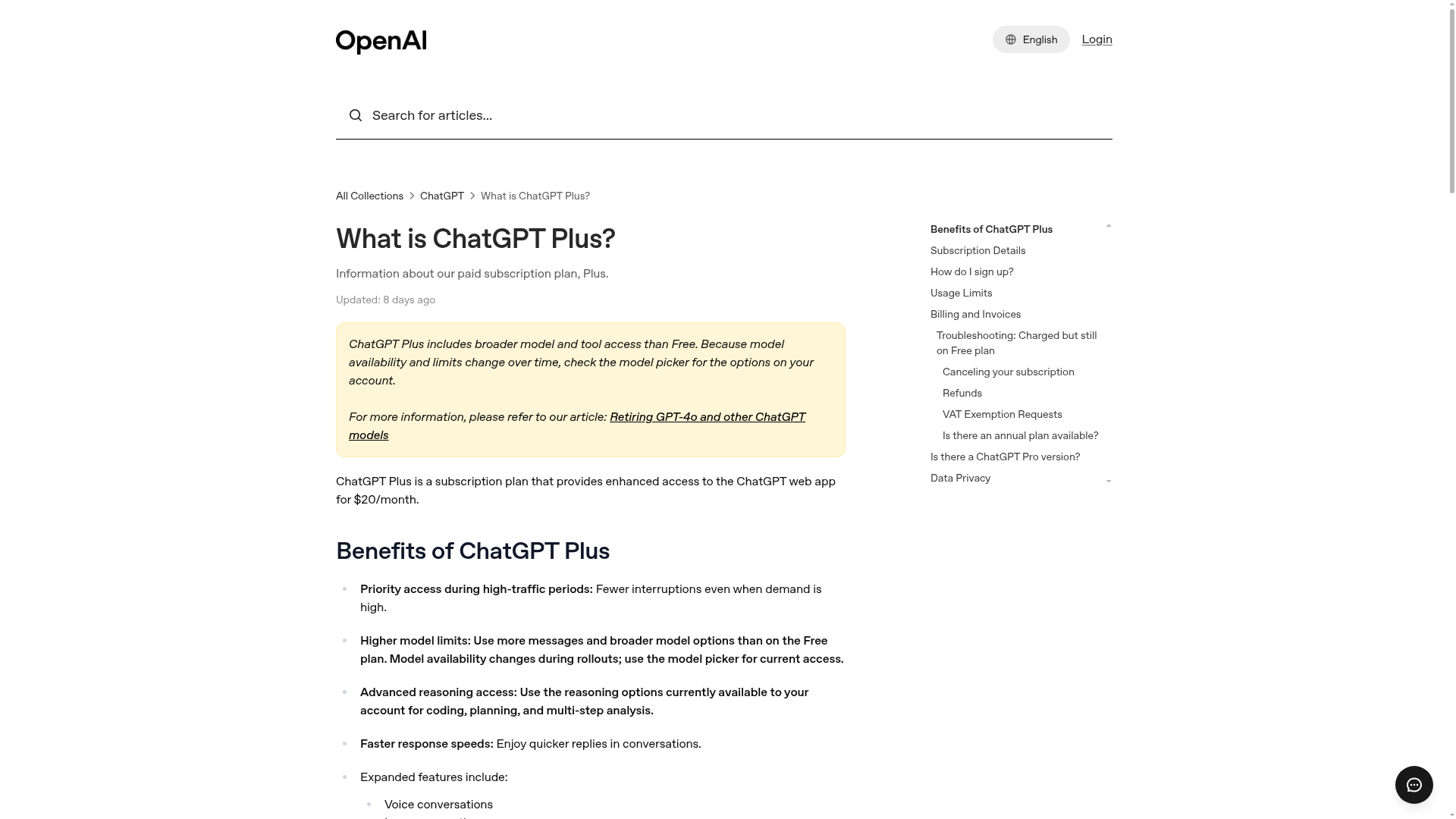 OpenAI ChatGPT Plus help page showing the current monthly price and paid benefits