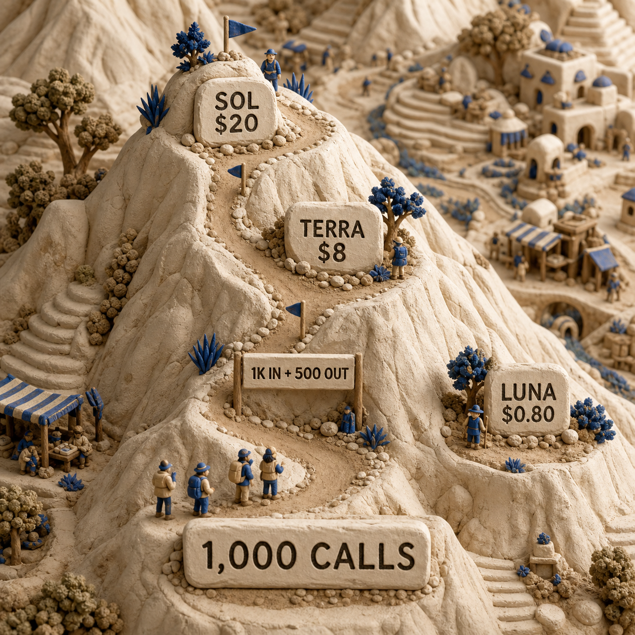 Clay altitude markers comparing Sol, Terra, and Luna API cost for one thousand normalized calls
