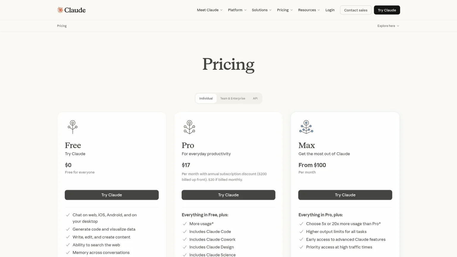Claude pricing page showing Pro and Max plans