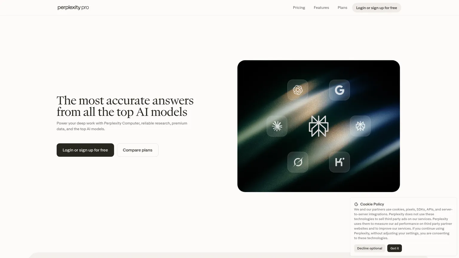 Perplexity pricing page showing Pro and Max plans