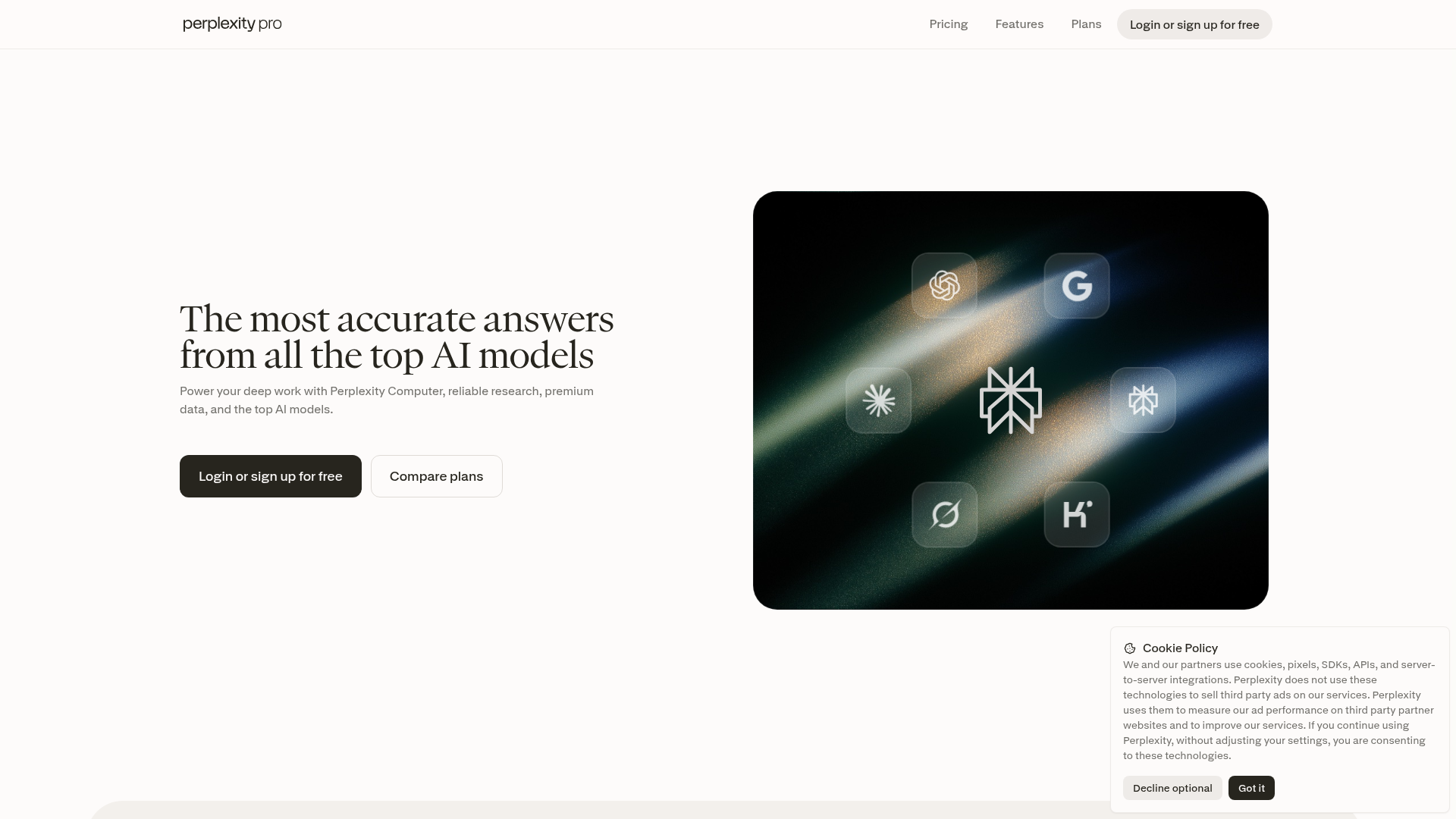 Perplexity pricing page showing Pro and Max plans