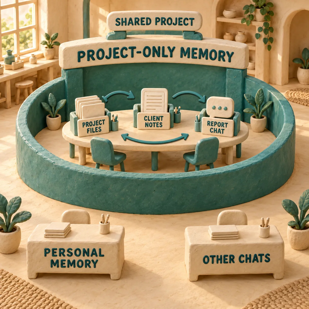 Un límite de plastilina encierra y conecta archivos del proyecto, notas del cliente y un chat de informes, mientras la memoria personal y los demás chats quedan fuera.
