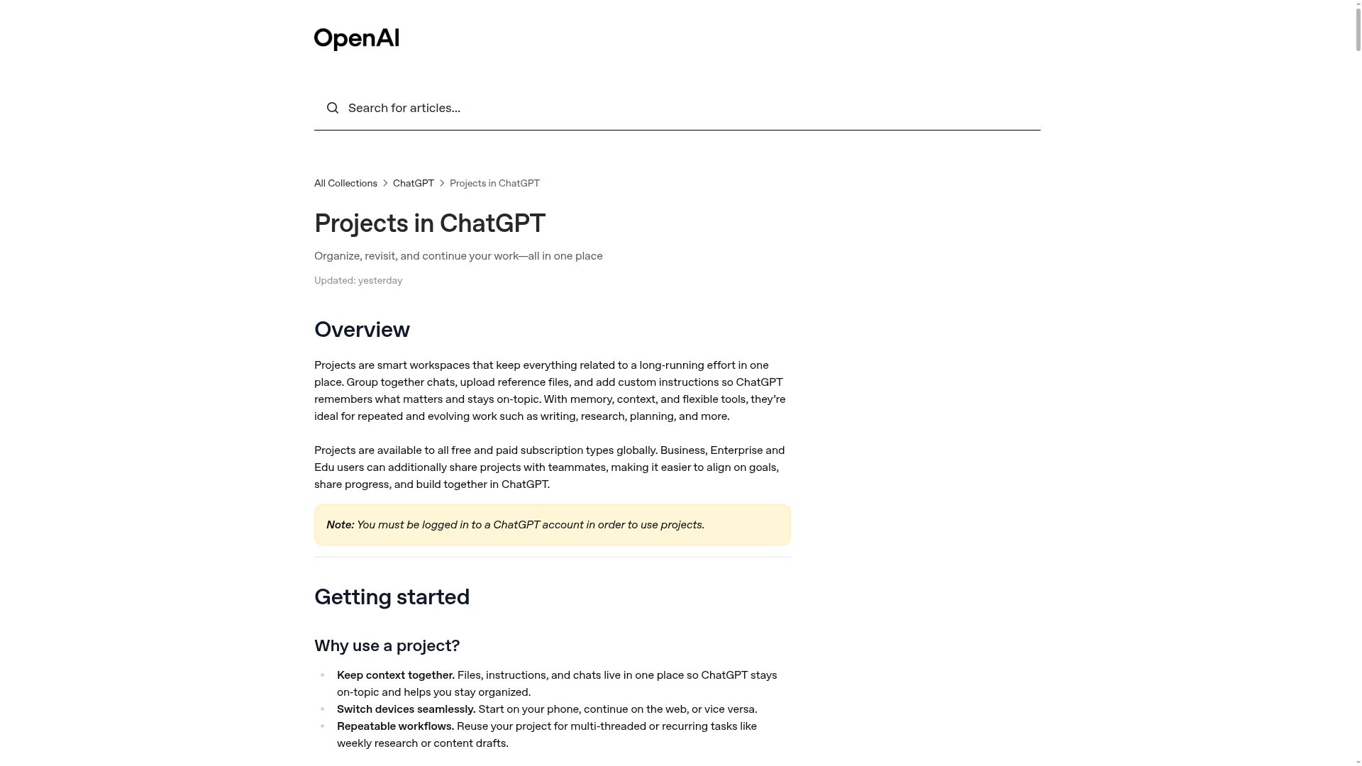 OpenAI Projects in ChatGPT feature page