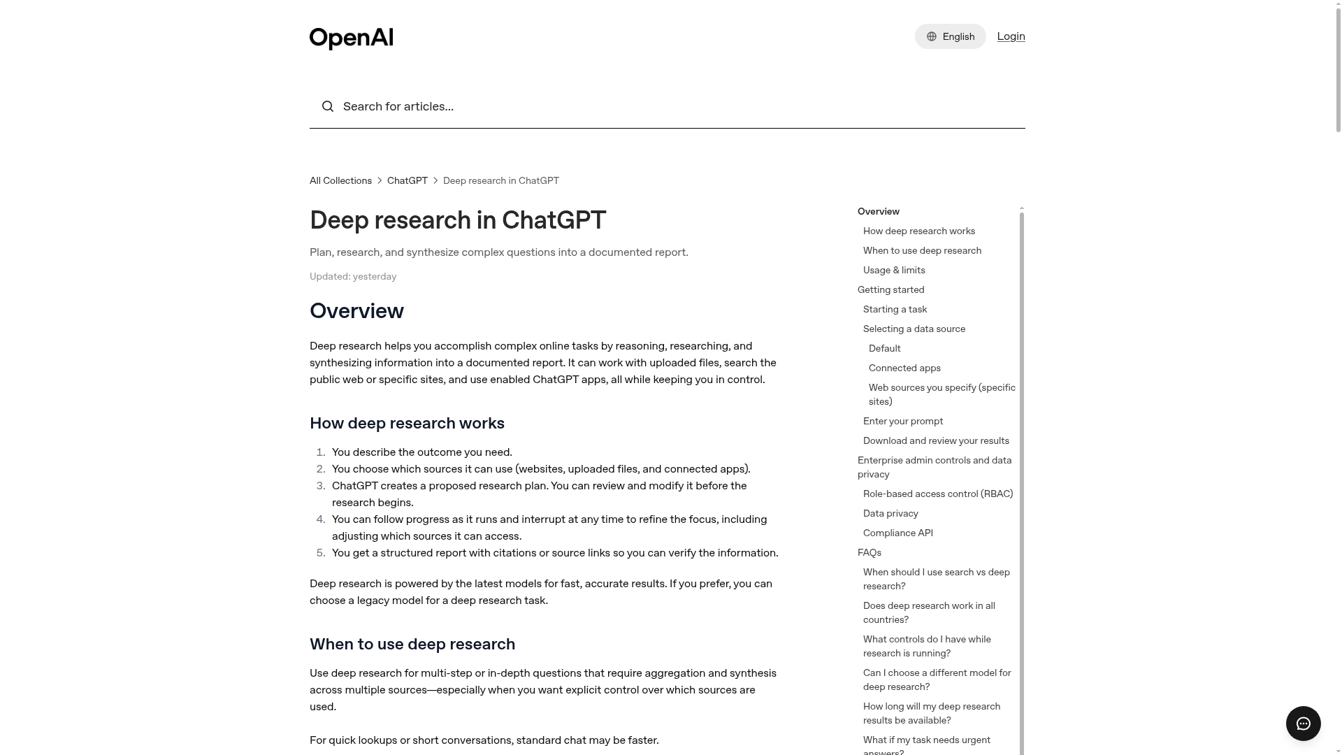 OpenAI deep research in ChatGPT feature page