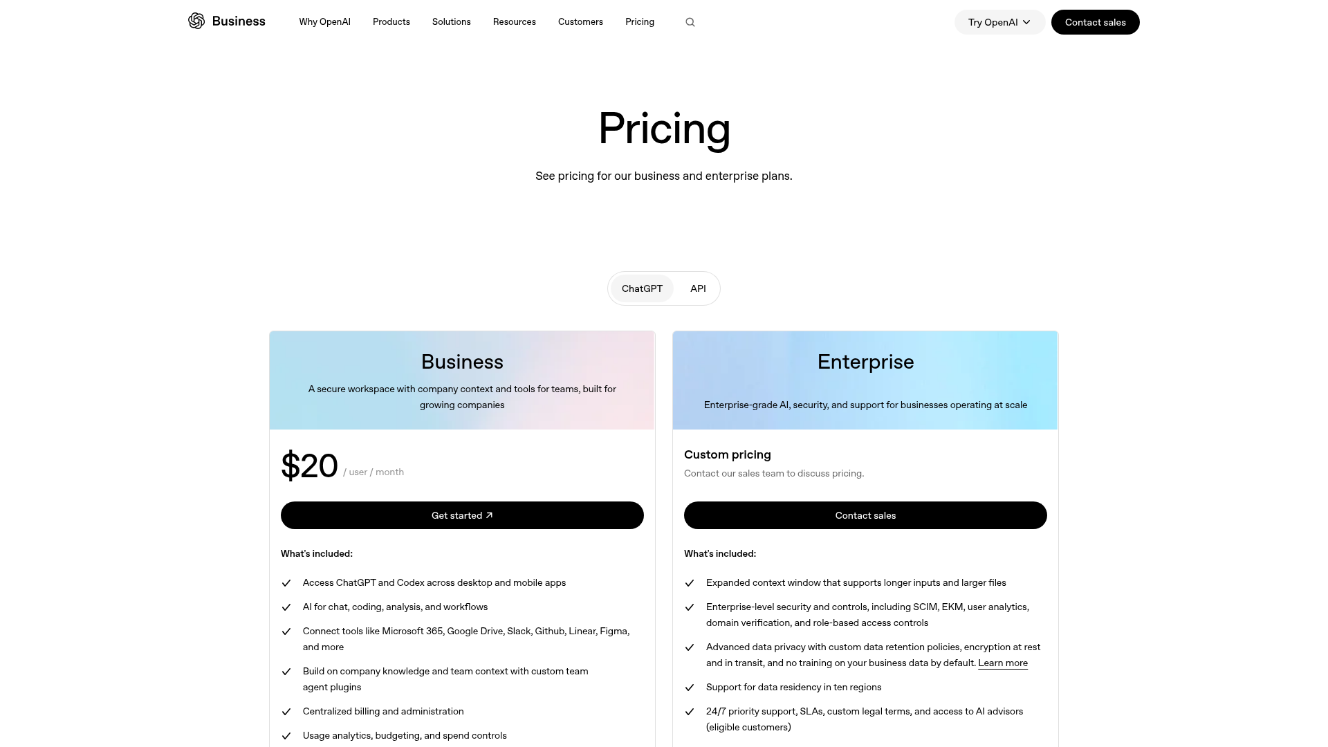OpenAI ChatGPT Business and Enterprise pricing page