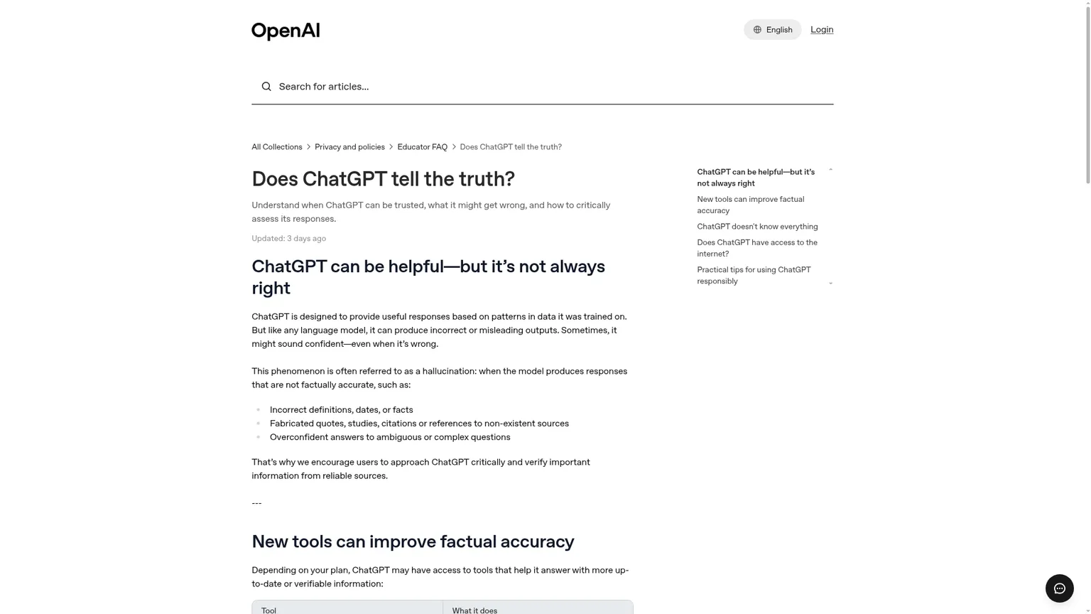OpenAI guidance on ChatGPT accuracy and hallucinations