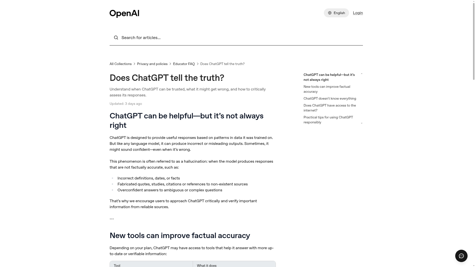 OpenAI guidance on ChatGPT accuracy and hallucinations