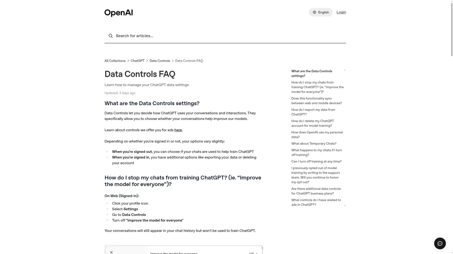 OpenAI ChatGPT Data Controls settings page