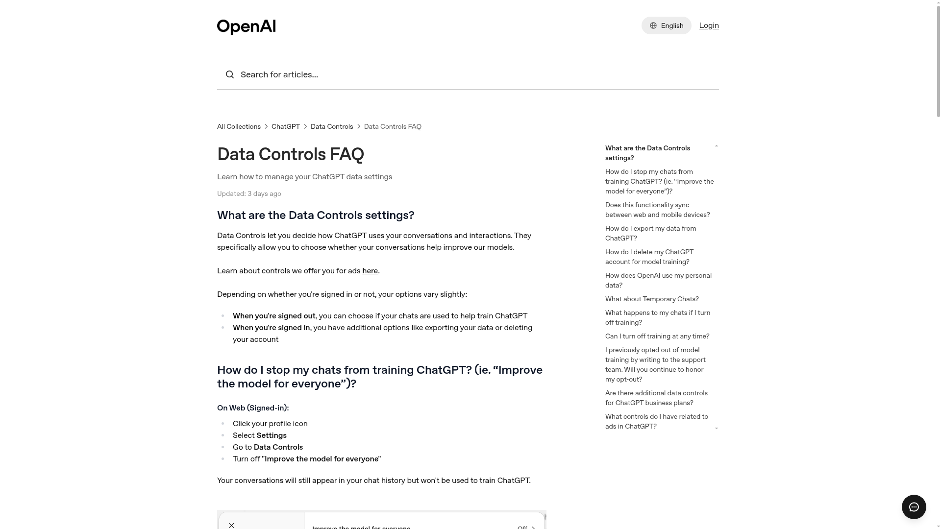 OpenAI ChatGPT Data Controls settings page