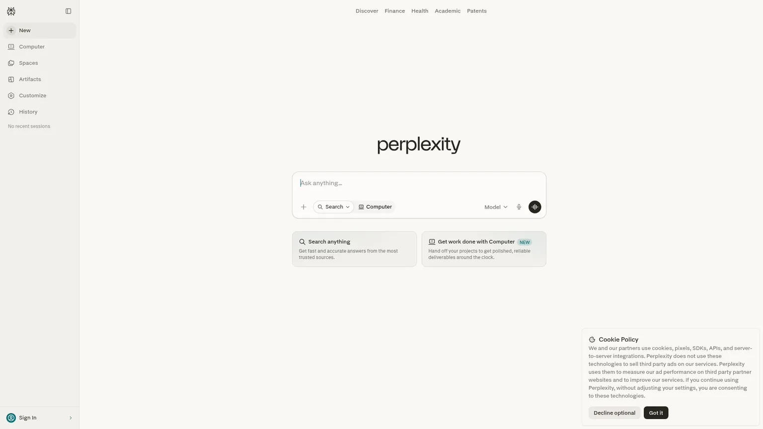 Interfaccia di Perplexity