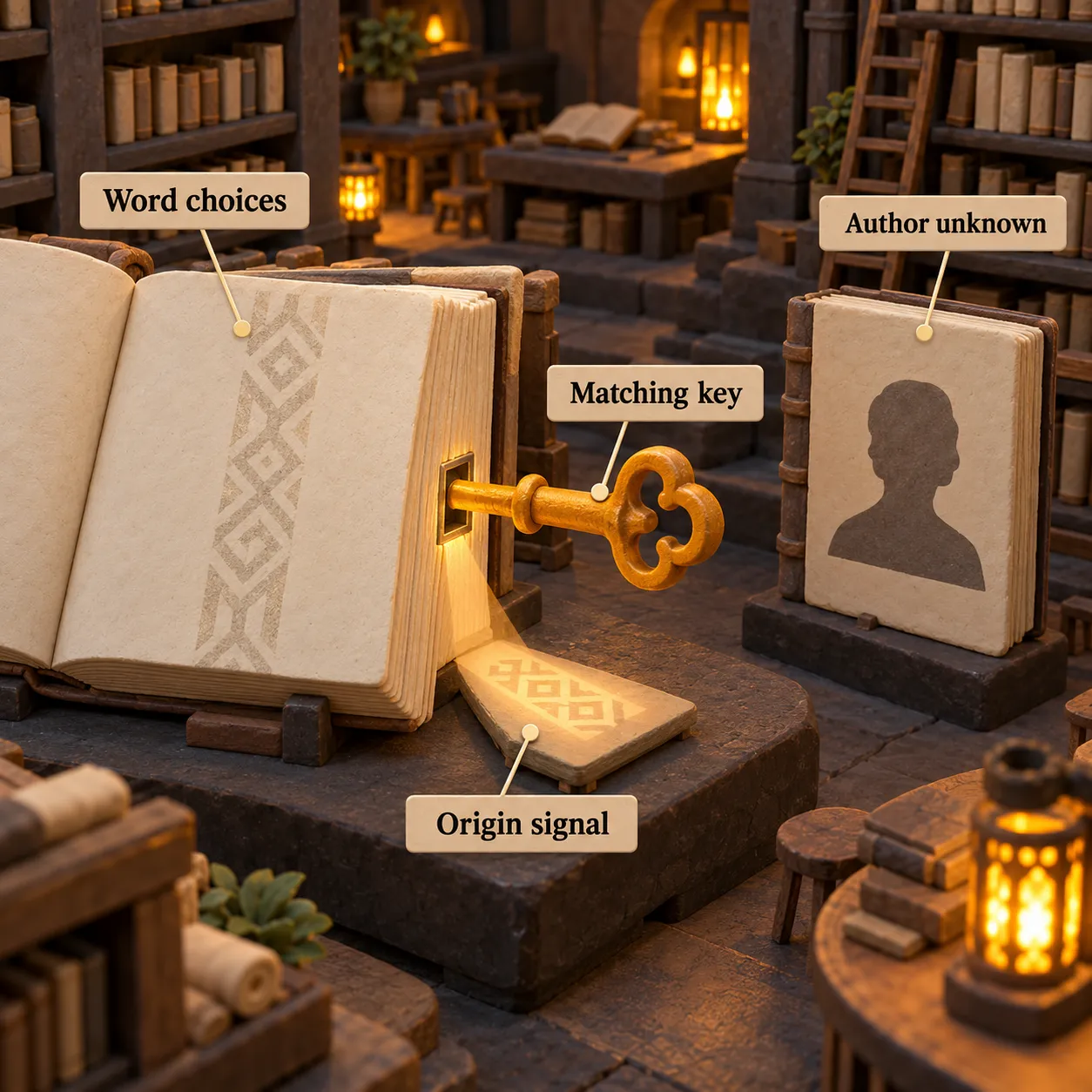 Conceptual clay library showing a matching key checking a wording pattern while the author's identity remains unknown