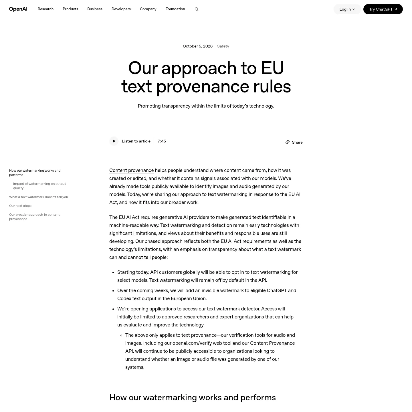 OpenAI's announcement describing the text-watermark rollout for ChatGPT, Codex and API customers
