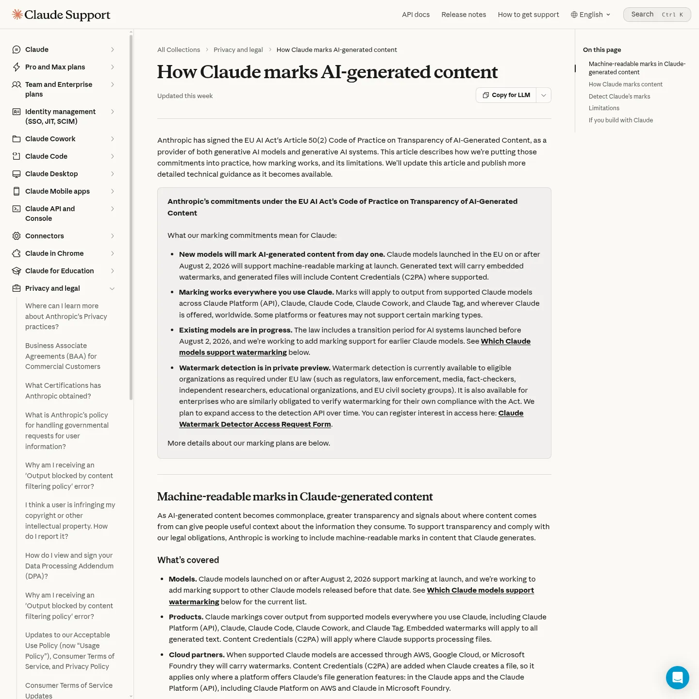 Anthropic's current documentation on Claude content marking and detector access