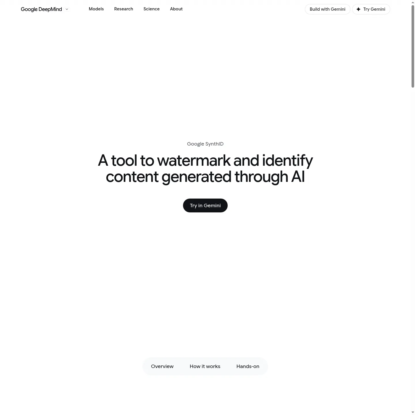 Google DeepMind's SynthID page explaining watermarking across text and other media