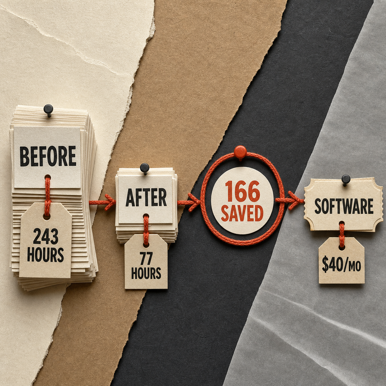 Paper craft cost comparison showing 243 hours before, 77 hours after, 166 hours saved, and a 40 dollar monthly software floor
