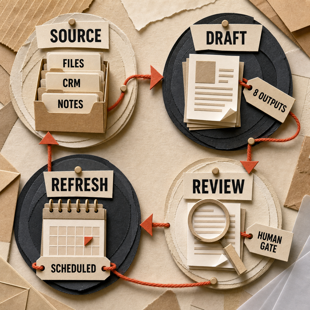 Paper craft go-to-market workflow from approved sources to eight first drafts, a human gate, and scheduled refresh