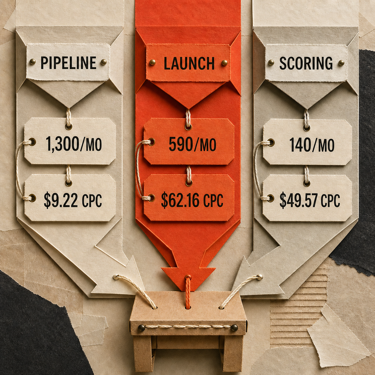 Paper craft comparison of three AI go-to-market product opportunities with monthly search demand and cost per click