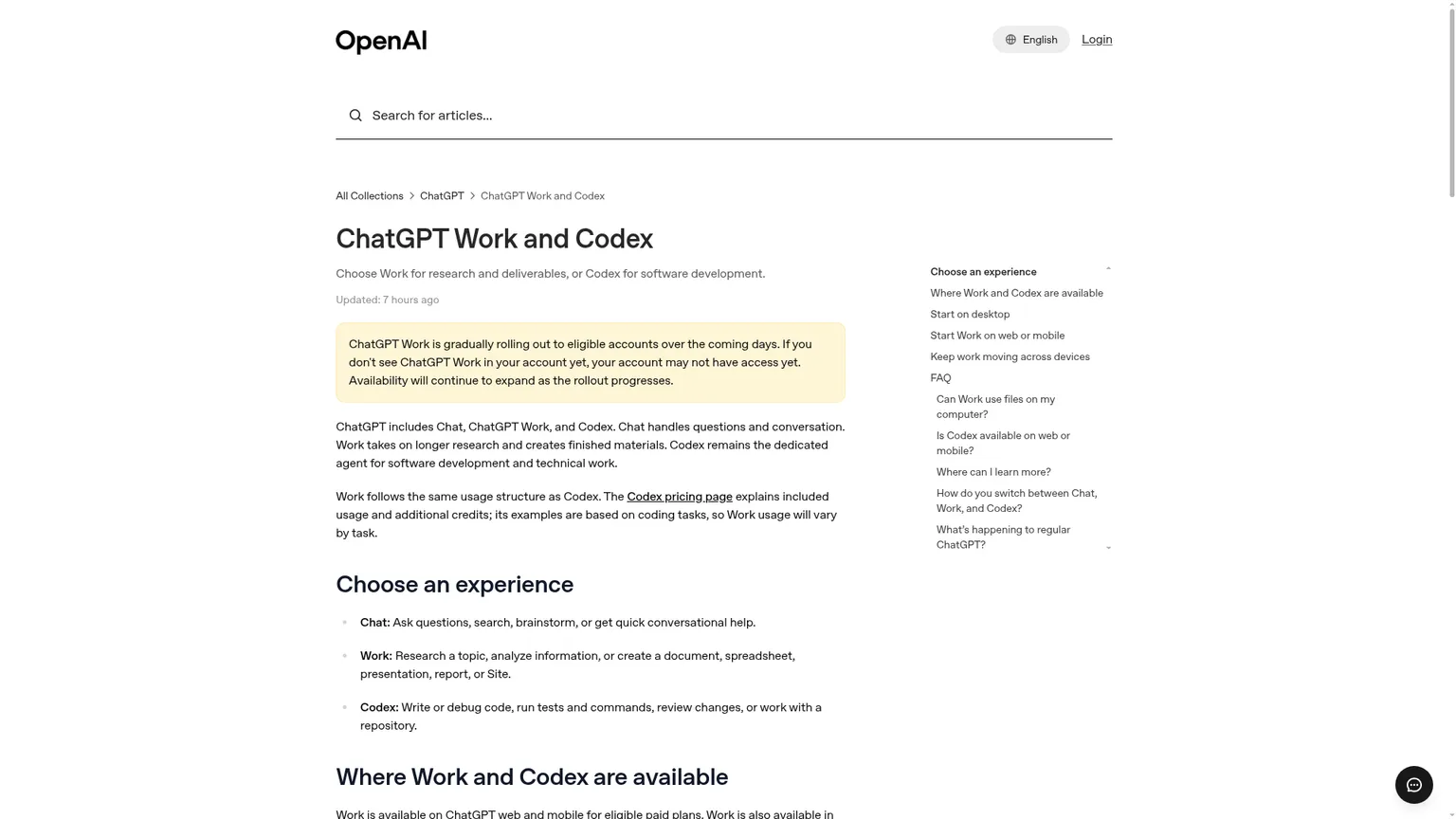 ChatGPT WorkとCodexを解説するOpenAIヘルプページ