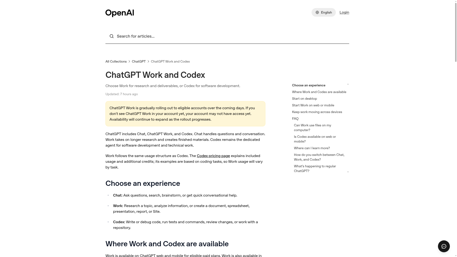 OpenAI Help page explaining ChatGPT Work and Codex