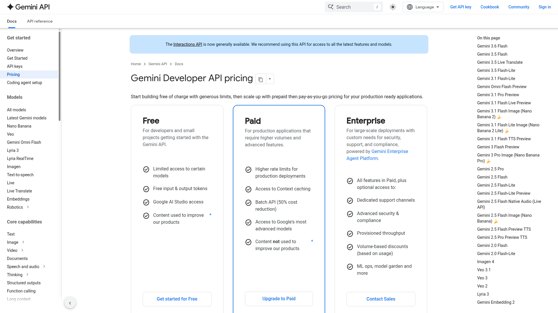 Google Gemini Developer API pricing page