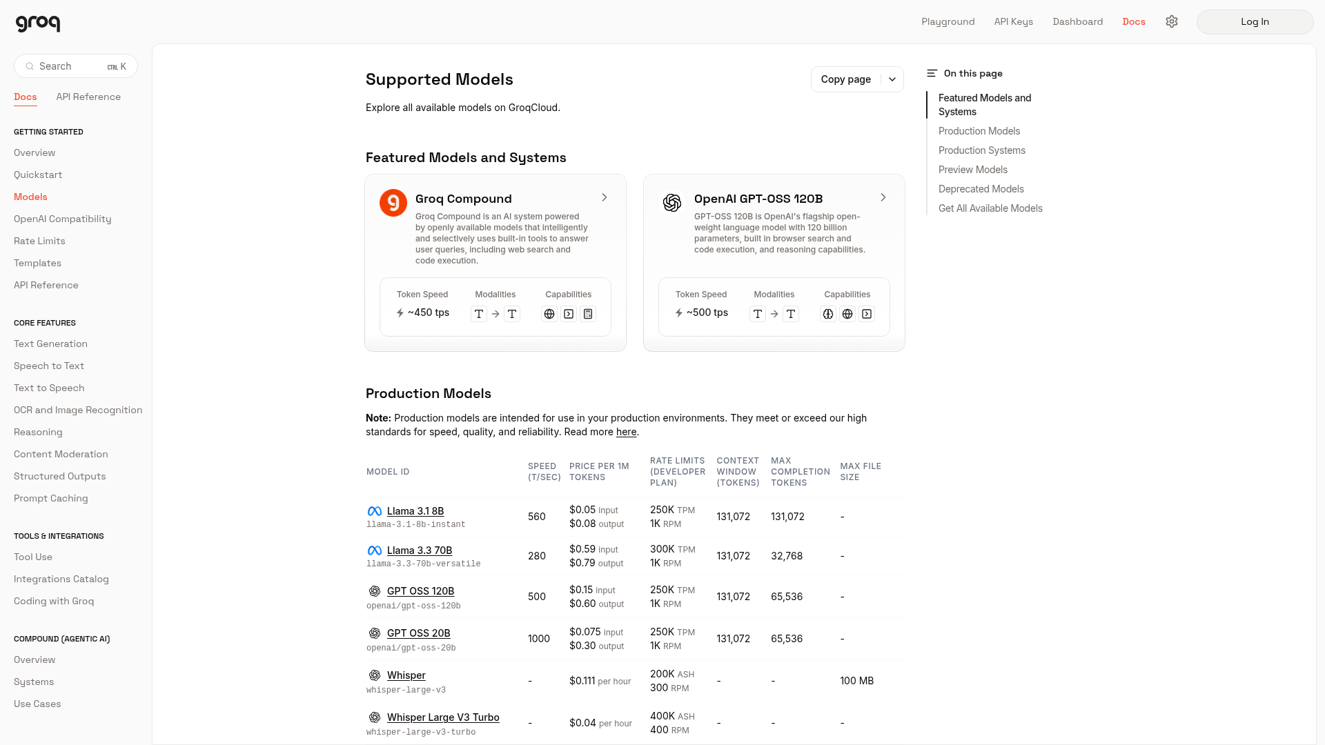 Groq production models, speed, price, and context table