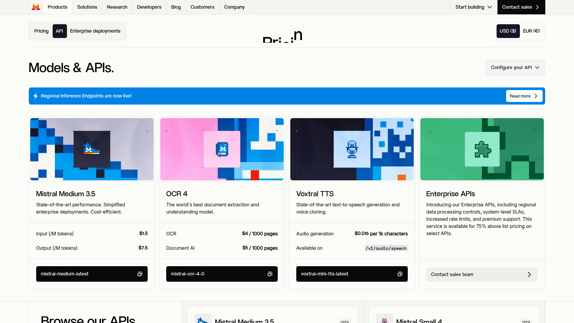 Mistral API model pricing page