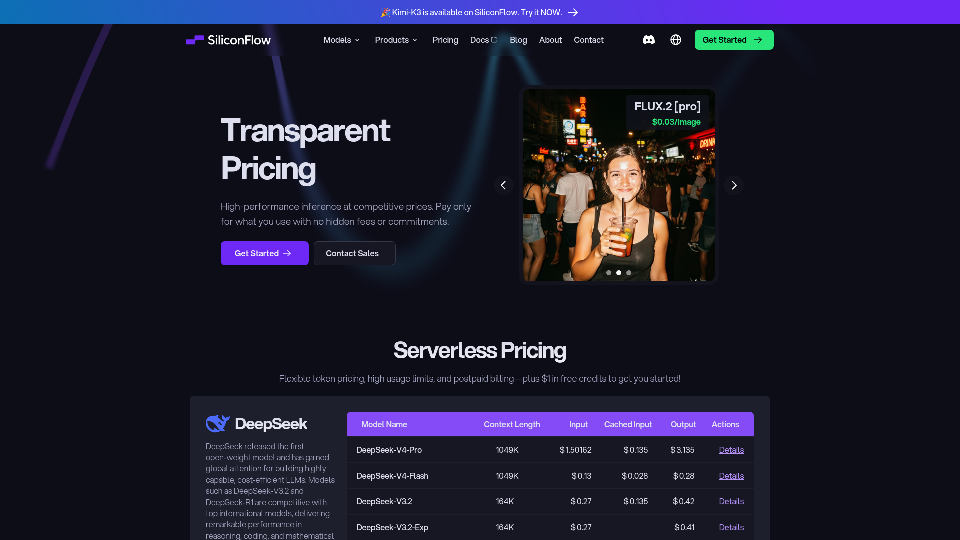 SiliconFlow serverless model pricing page