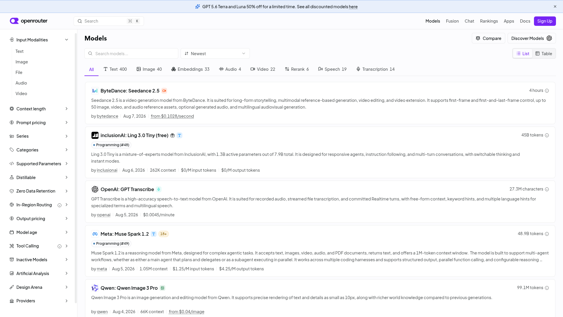 OpenRouter model catalog with live per-token prices