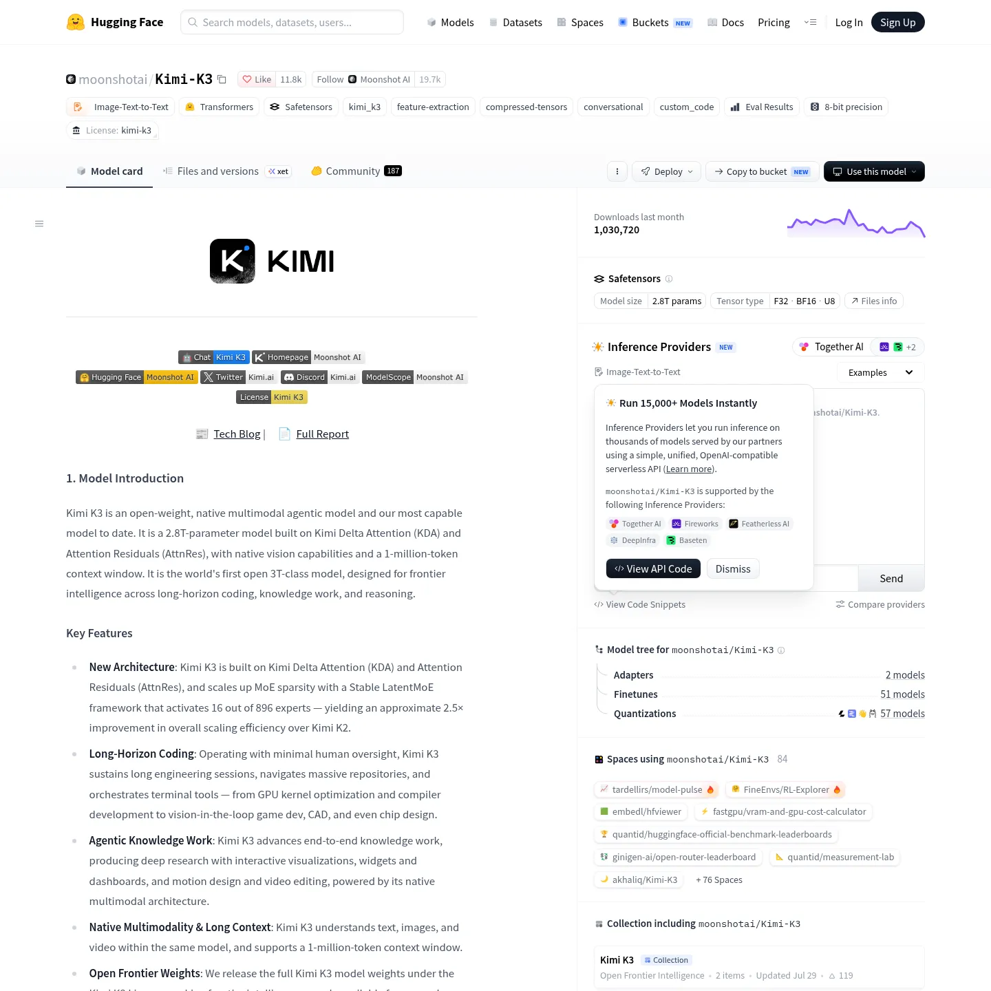 Moonshot AI 的 Kimi K3 官方模型卡及已发布权重。