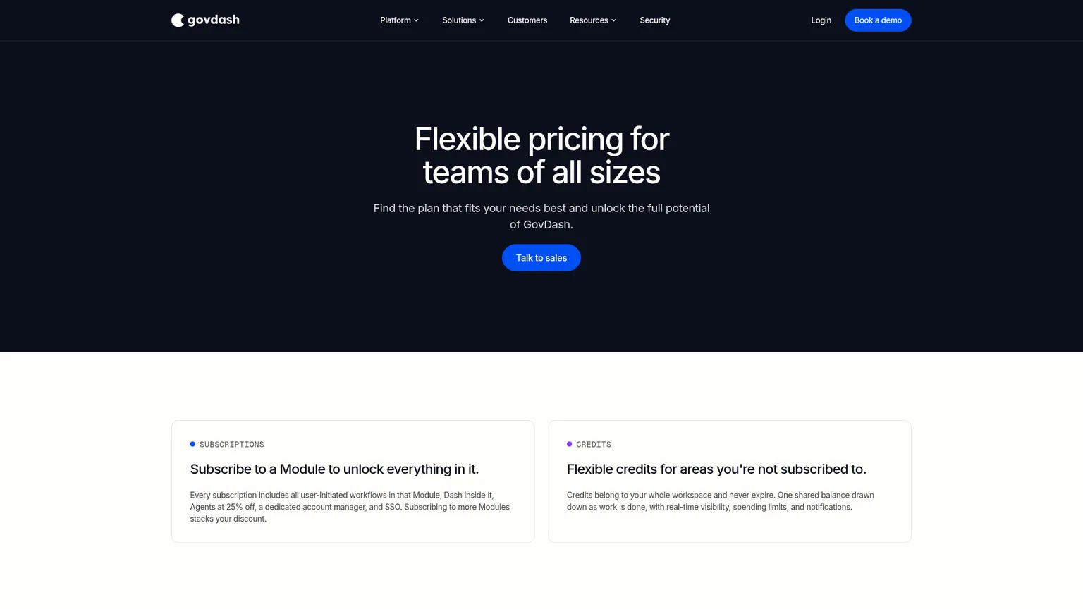Página de preços do GovDash com assinaturas de módulos, créditos compartilhados e formulário para falar com vendas