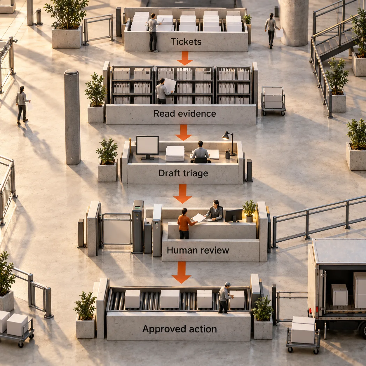 A physical support workflow passes from tickets to reading evidence, drafting triage, human review and an approved action.