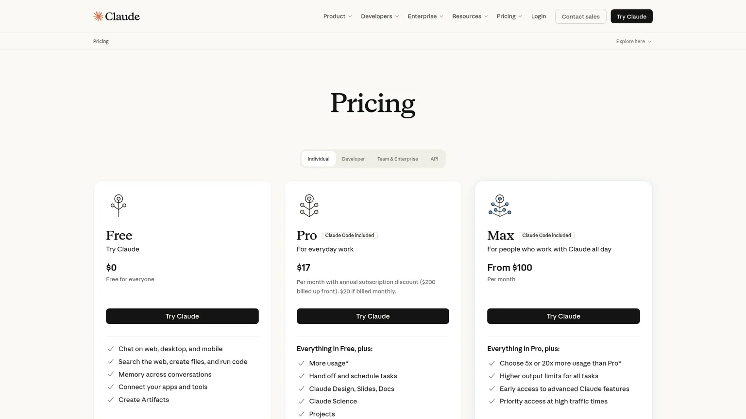 Claude's official pricing page showing Free, Pro and Max subscription plan cards