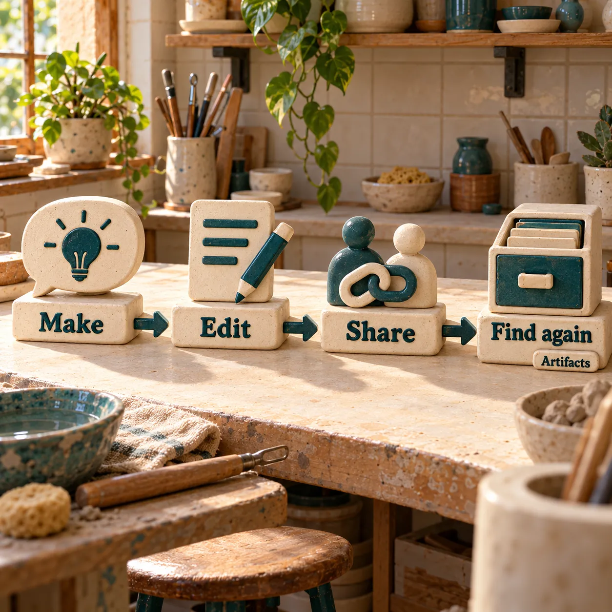 Four ceramic stations show the artifact workflow: Make, Edit, Share, and Find again in Artifacts.