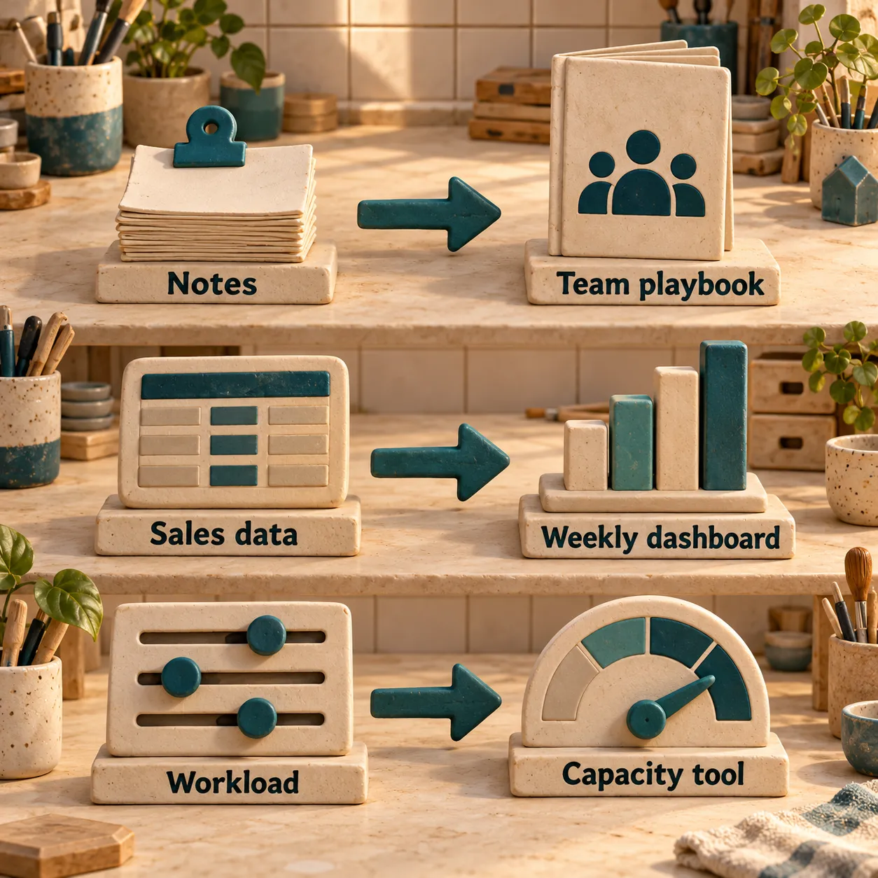 Three clay input-output lanes map Notes to Team playbook, Sales data to Weekly dashboard, and Workload to Capacity tool.