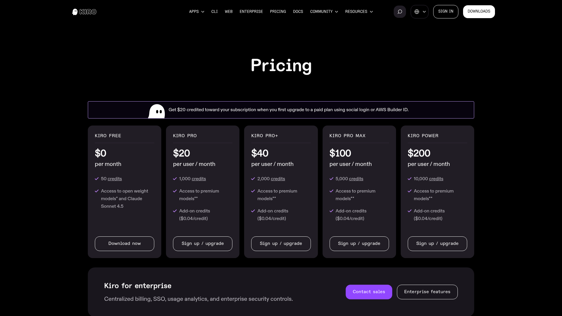 Kiro pricing page with monthly plans and included credits