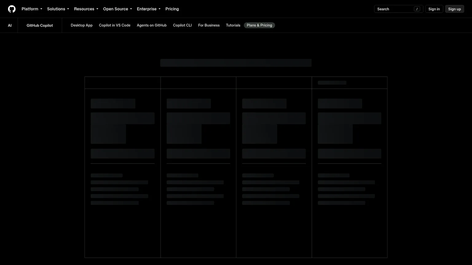 Pagina dei piani di GitHub Copilot con Free, Pro, Pro Plus e Max