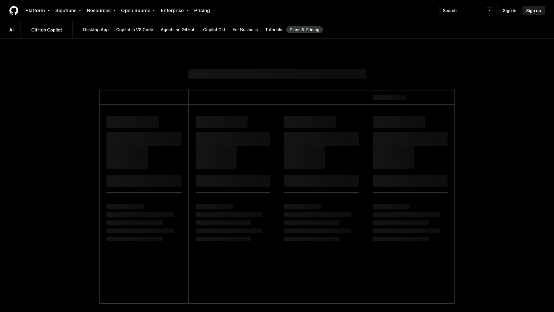 GitHub Copilot plans page showing Free, Pro, Pro Plus, and Max