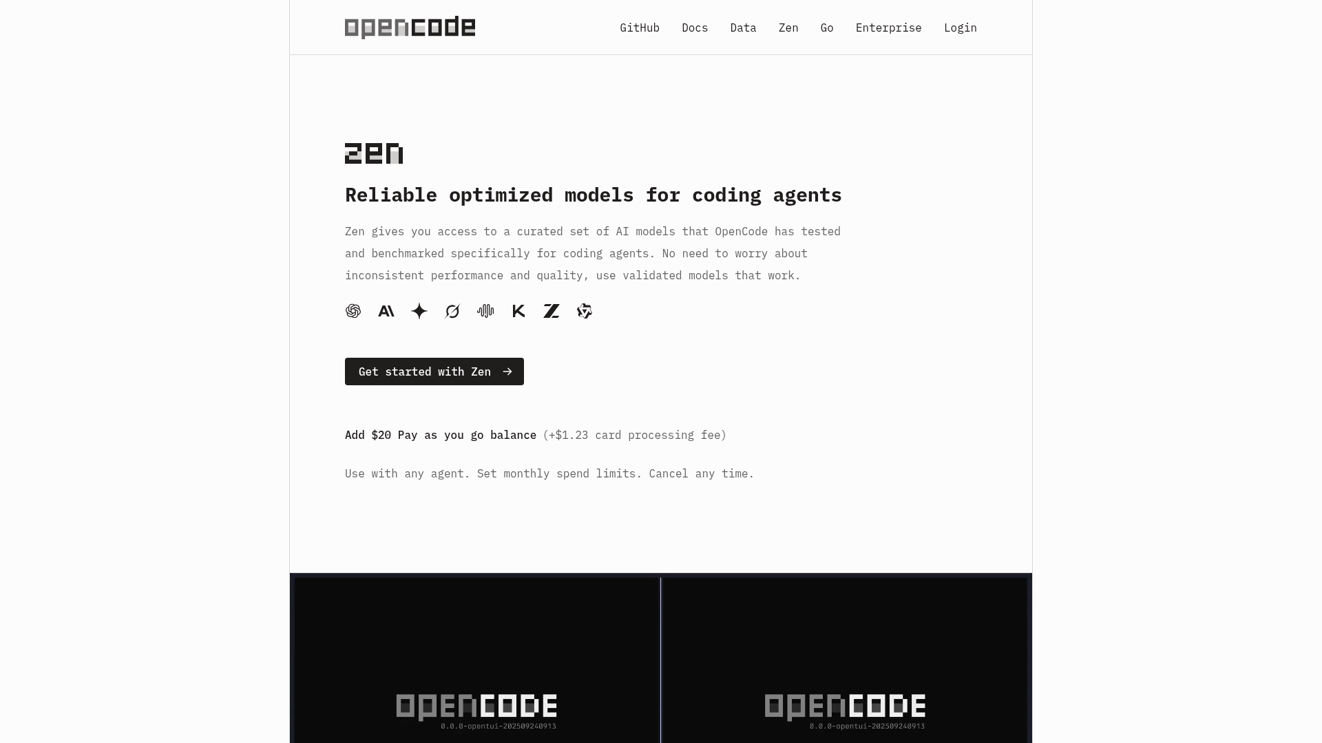OpenCode Zen page showing pay-as-you-go balance and spend limits