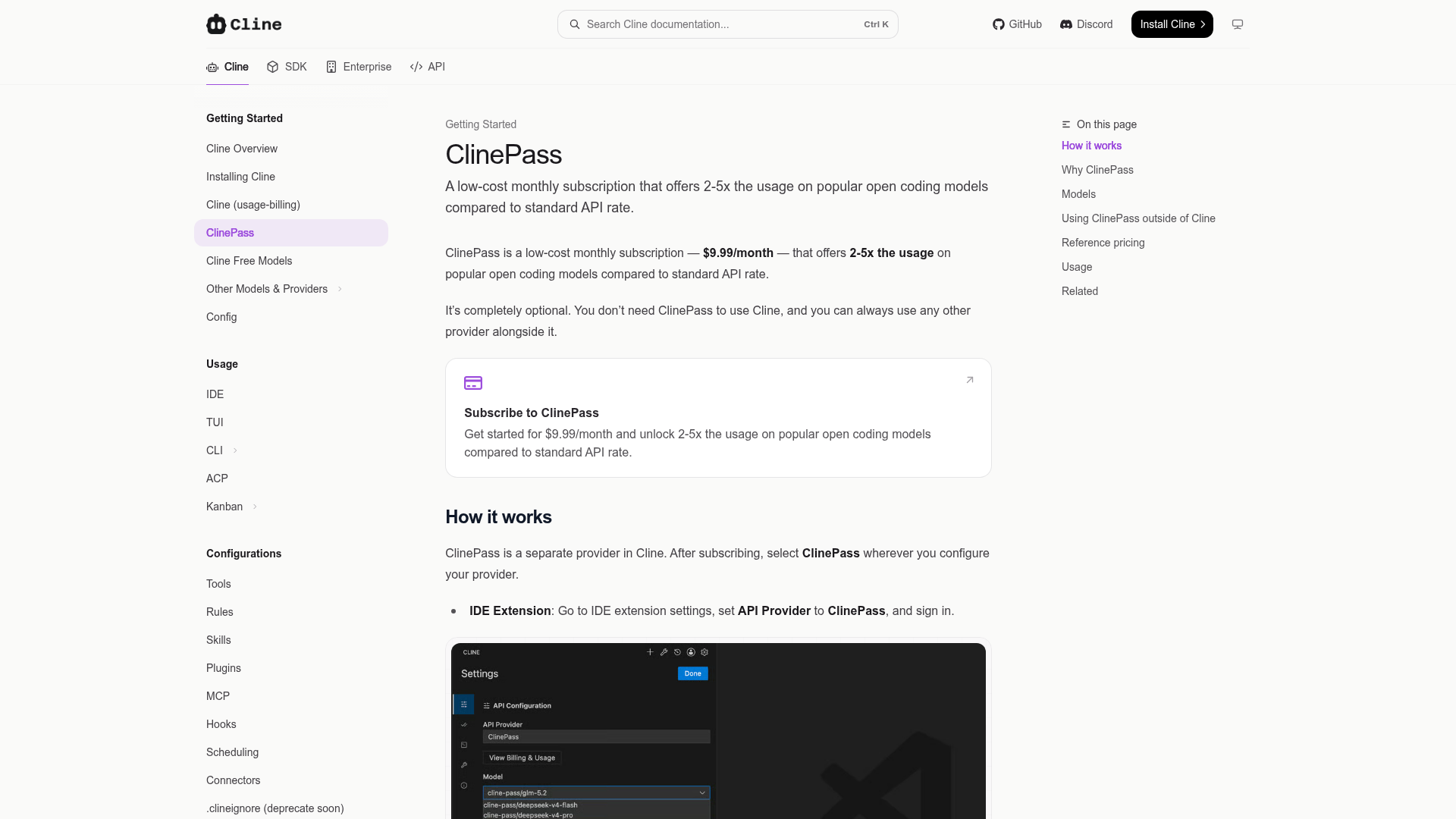 ClinePass documentation showing the monthly subscription and usage windows