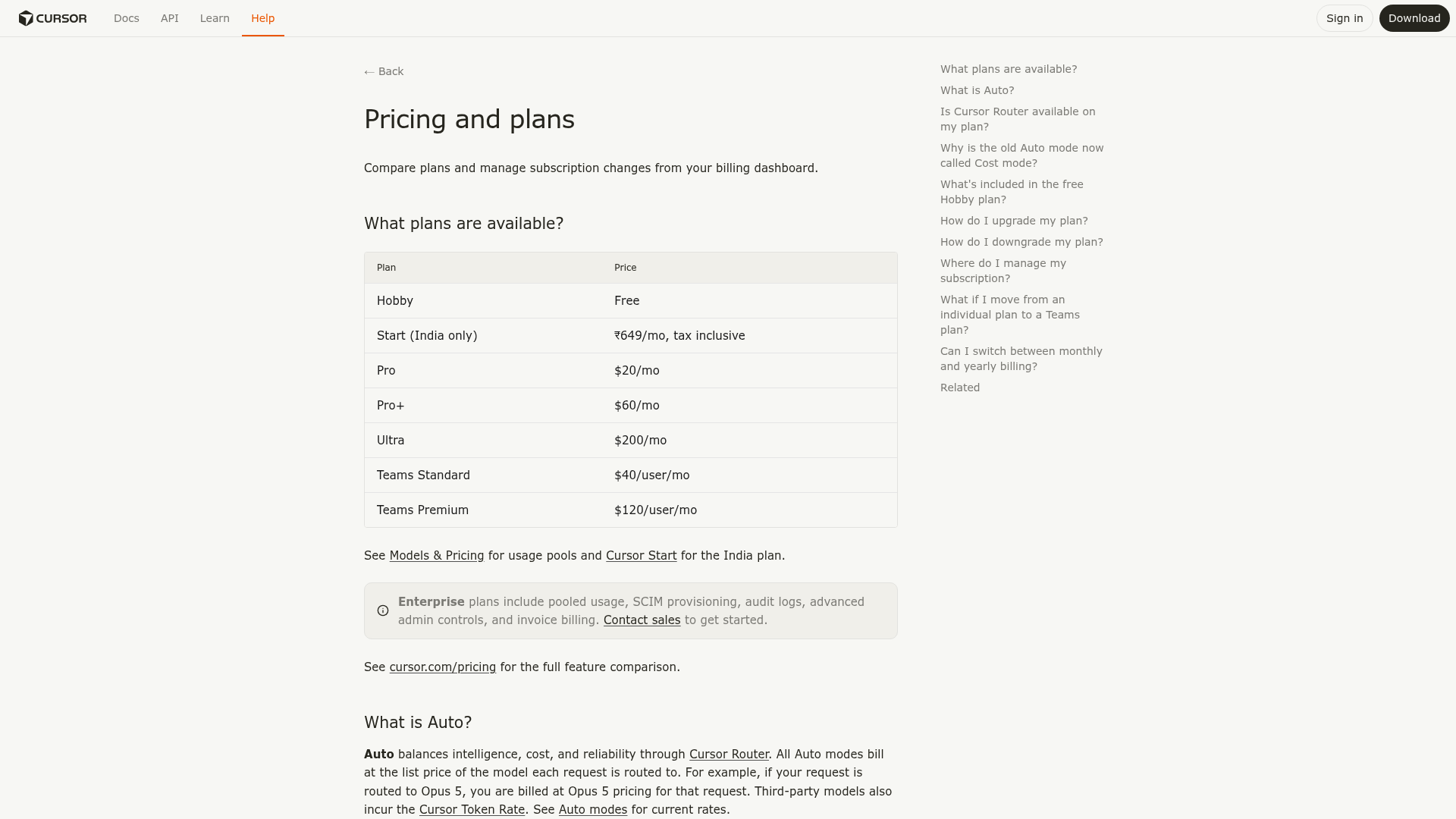 Cursor pricing page showing individual and team plans