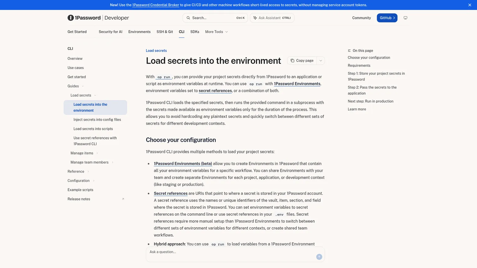 Documentazione sviluppatori di 1Password per l'inserimento sicuro di segreti nelle variabili d'ambiente a runtime