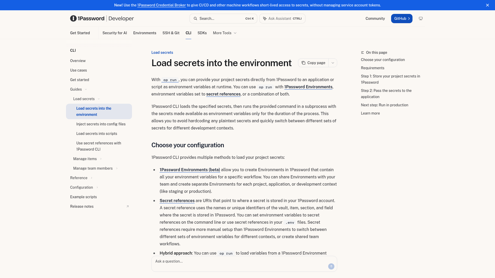 1Password developer documentation for injecting secrets into environment variables at runtime
