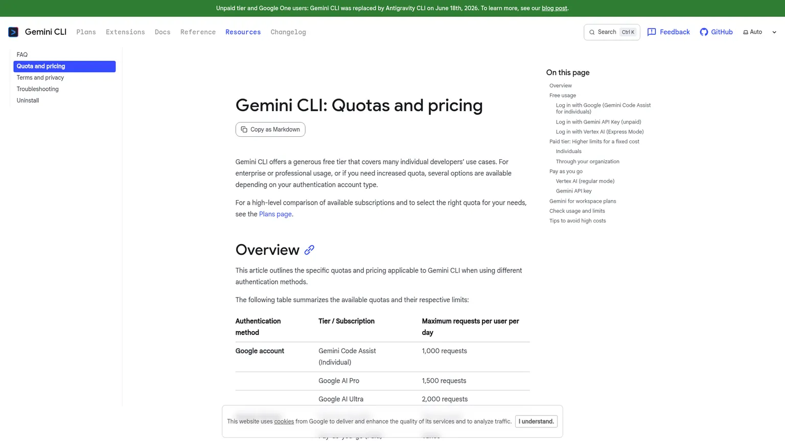 Documentation des quotas de Google Gemini CLI, avec l’avis de transition grand public et les limites selon l’authentification