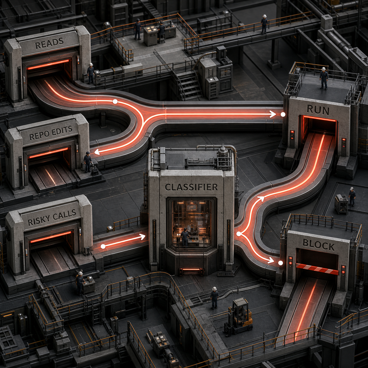 Architectural flow showing safe Claude Code actions running directly and risky actions passing through a classifier